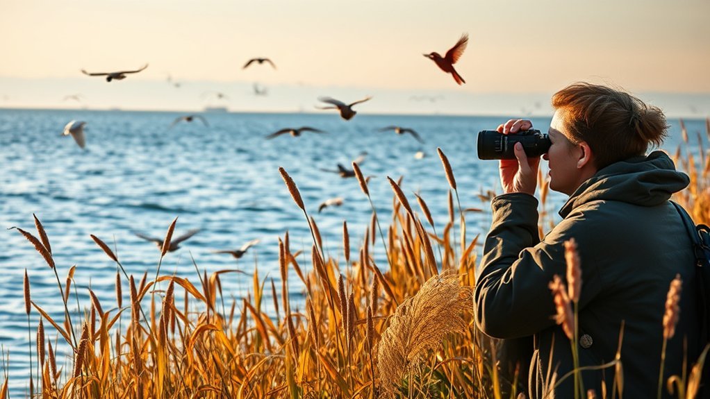 observing birds by lake